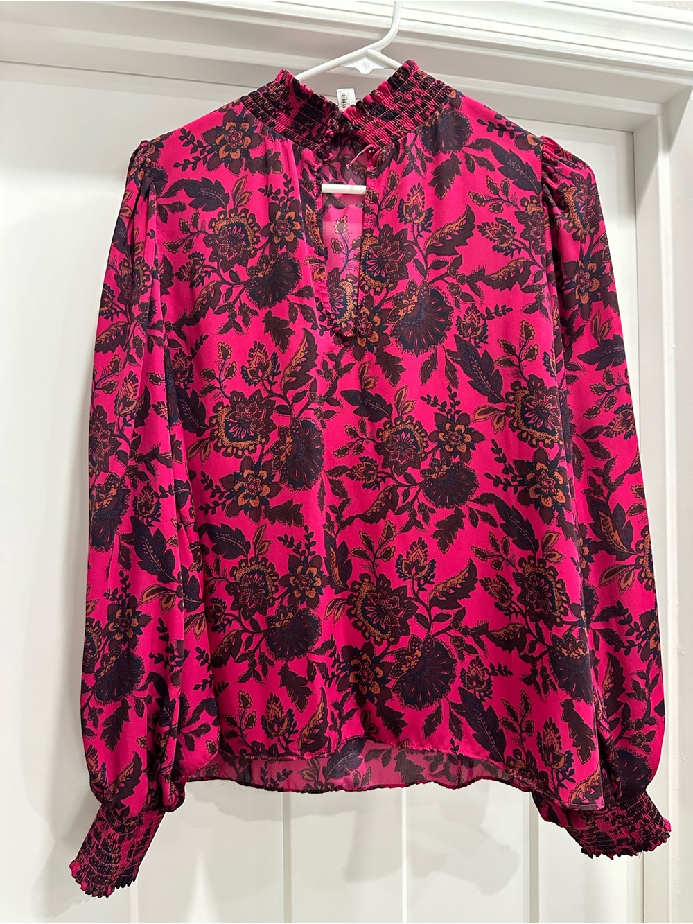 Evereve Magenta Floral Smocked-Neck Blouse